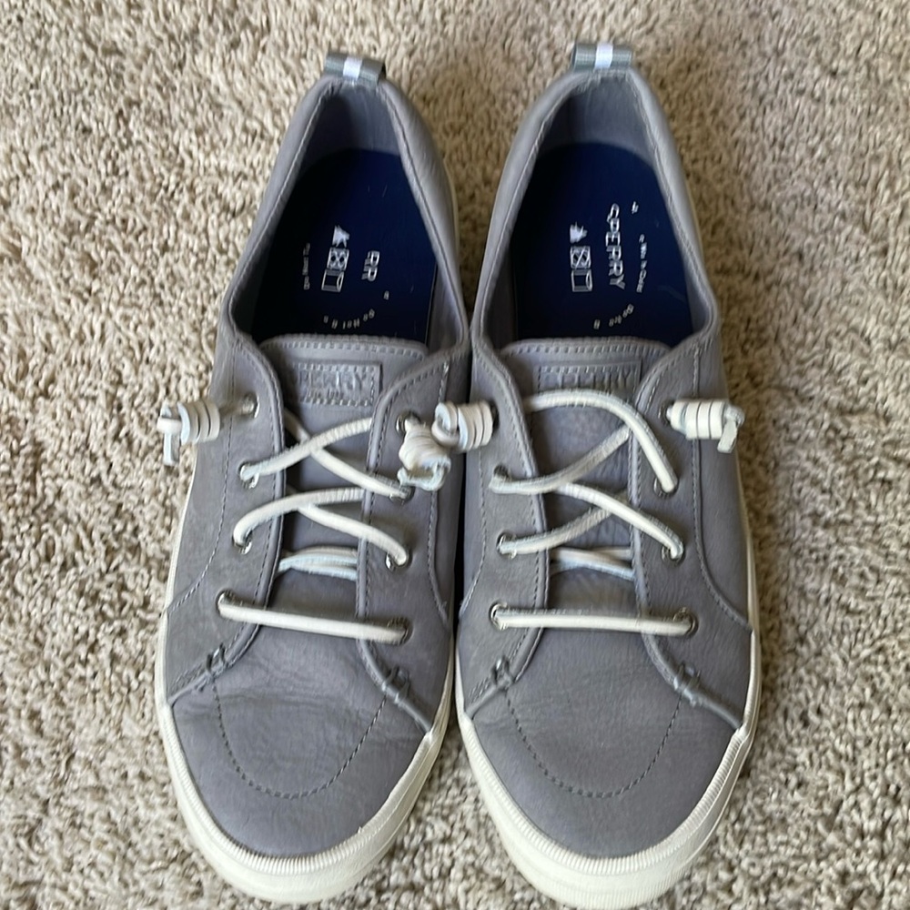Gray Sperry Crest Vibe washable leather sneakers, size 10 women’s